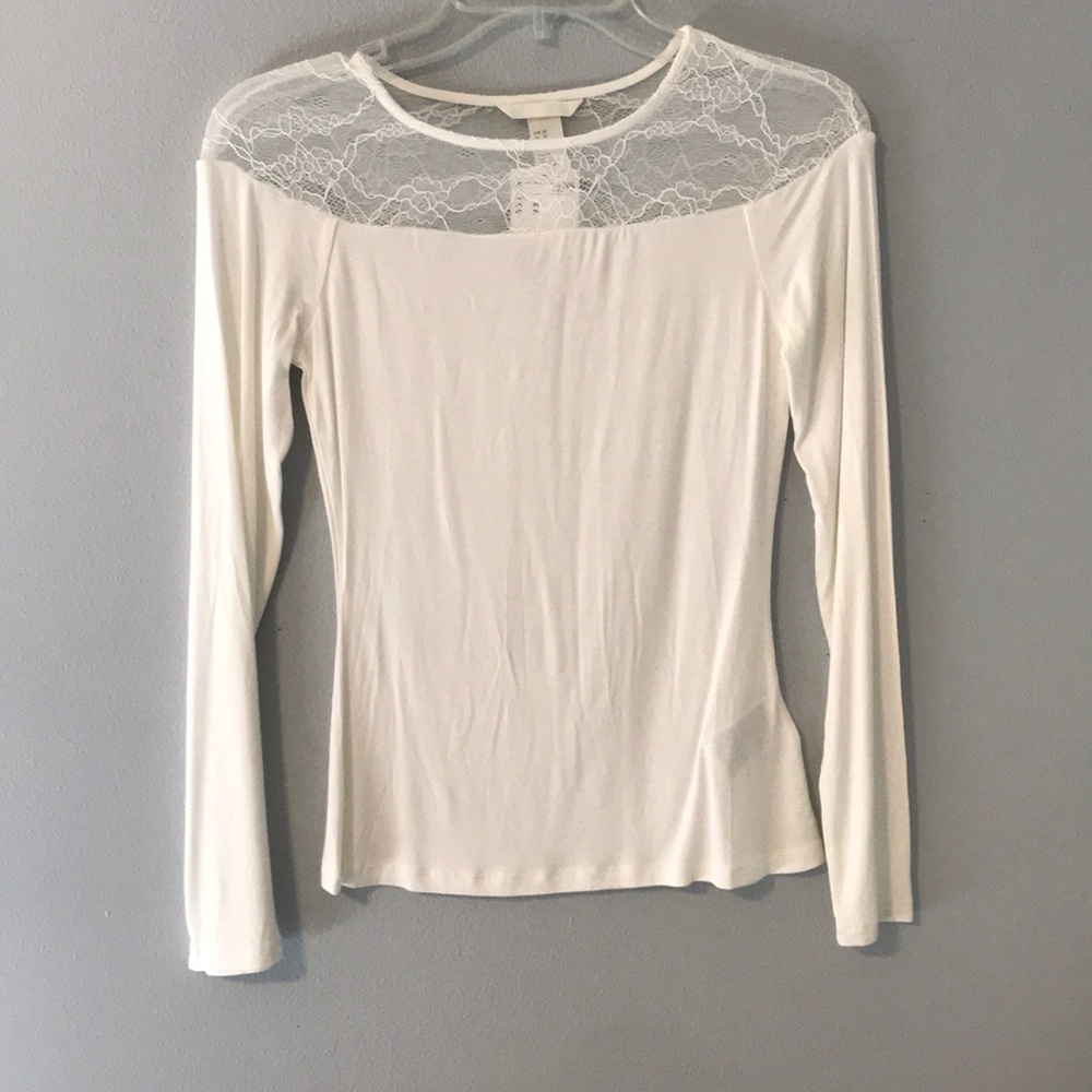 White long sleeve top with lace finish shoulders